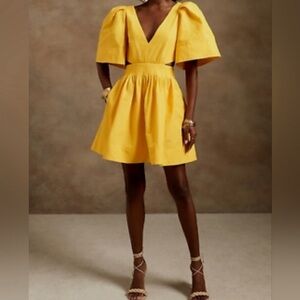 Banana Republic Yellow V-Neck Puff Sleeve Mini Dress
